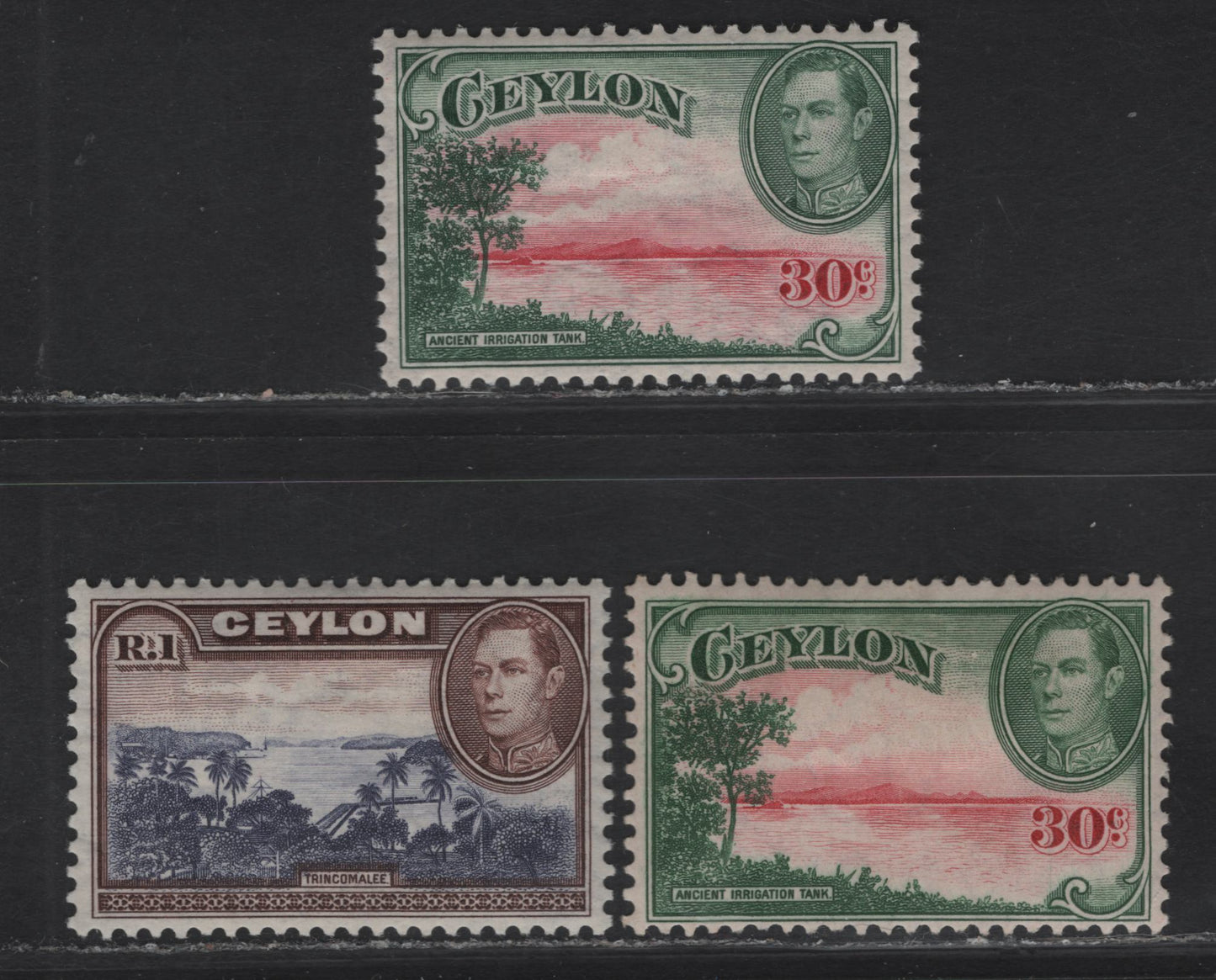Lot 89 Ceylon SG#393-a, 395 30c - 1r Carmine & Green -Blue Violet 7 Chocolate Ancient Irrigation Tank - Trincomalee, 1938-1949 KGVI Pictorial Issue, 2 VFOG Singles, 1938 Printings With Sideways Wmk, 1947 Printing of 30c With Upright Wmk