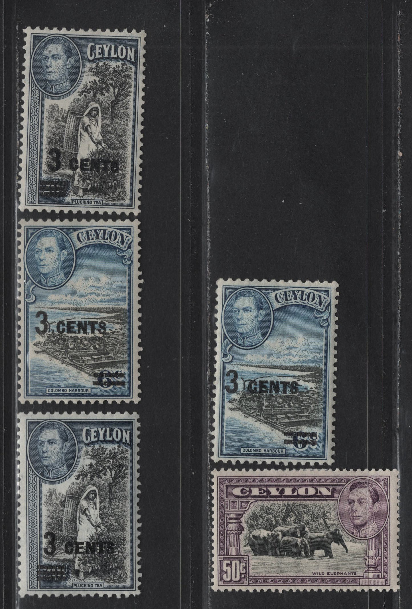 Lot 90 (C) Ceylon SG#394b, 398 50c - 3c on 20c Black & Mauve -  Wild Elephants - Plucking Tea, 1938-1941 KGVI Pictorial & Surcharged Issues, 5 F/VFOG Singles, Perf 13.5 1938 Printing, Two Different Printings Of Each Surcharge