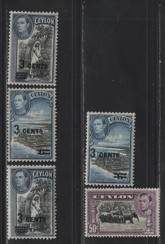 Lot 90 (C) Ceylon SG#394b, 398 50c - 3c on 20c Black & Mauve -  Wild Elephants - Plucking Tea, 1938-1941 KGVI Pictorial & Surcharged Issues, 5 F/VFOG Singles, Perf 13.5 1938 Printing, Two Different Printings Of Each Surcharge