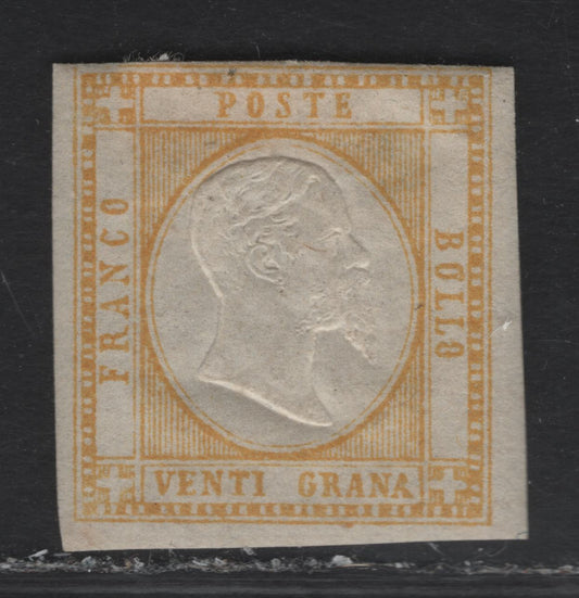 Lot 9 Neapolitan Provinces SC#26 20g Yellow King Victor Emmanuel II, 1861 King Victor Emmanuel II Issue, A FOG Single, Showing The Same Characteristics As The Other Genuine Stamps, Close But Clear Margin At Top, Full At Right & Nearly Full At Rest