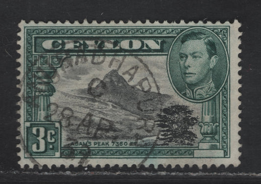 Lot 91 Ceylon SG#387a 3c - 25c Black & Deep Blue Green Adam's Peak, 1938-1941 KGVI Pictorial & Surcharged Issues, A Fine Used Single, 1938 Printings With Scarce Perf 13x13.5, SON April 28 1939 Anuradhapura CDS