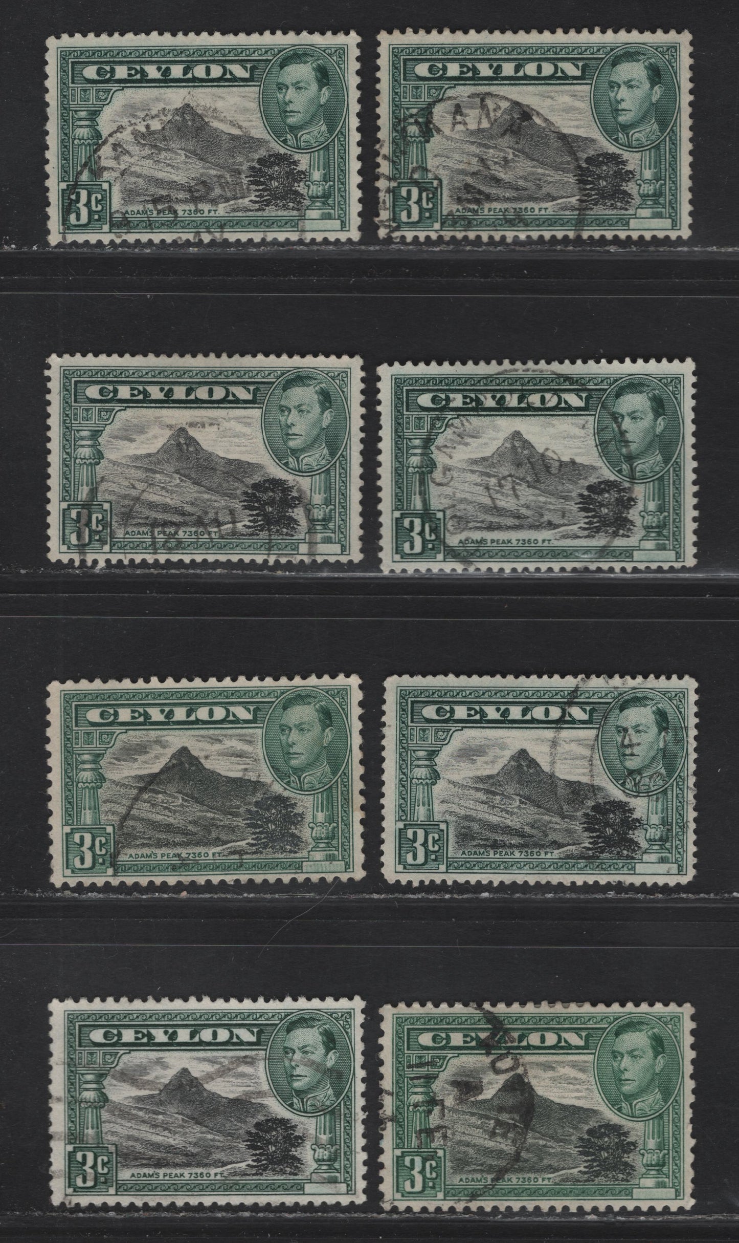 Lot 94 Ceylon SG#387-387e 3c Black & Deep Blue Green Adam's Peak, 1938-1941 KGVI Pictorial & Surcharged Issues, 8 Very Fine Used Singles, Complete Used Grouping Of All Listed Perfs, Extra Shades Of Perf 13.5 & 11.5x11