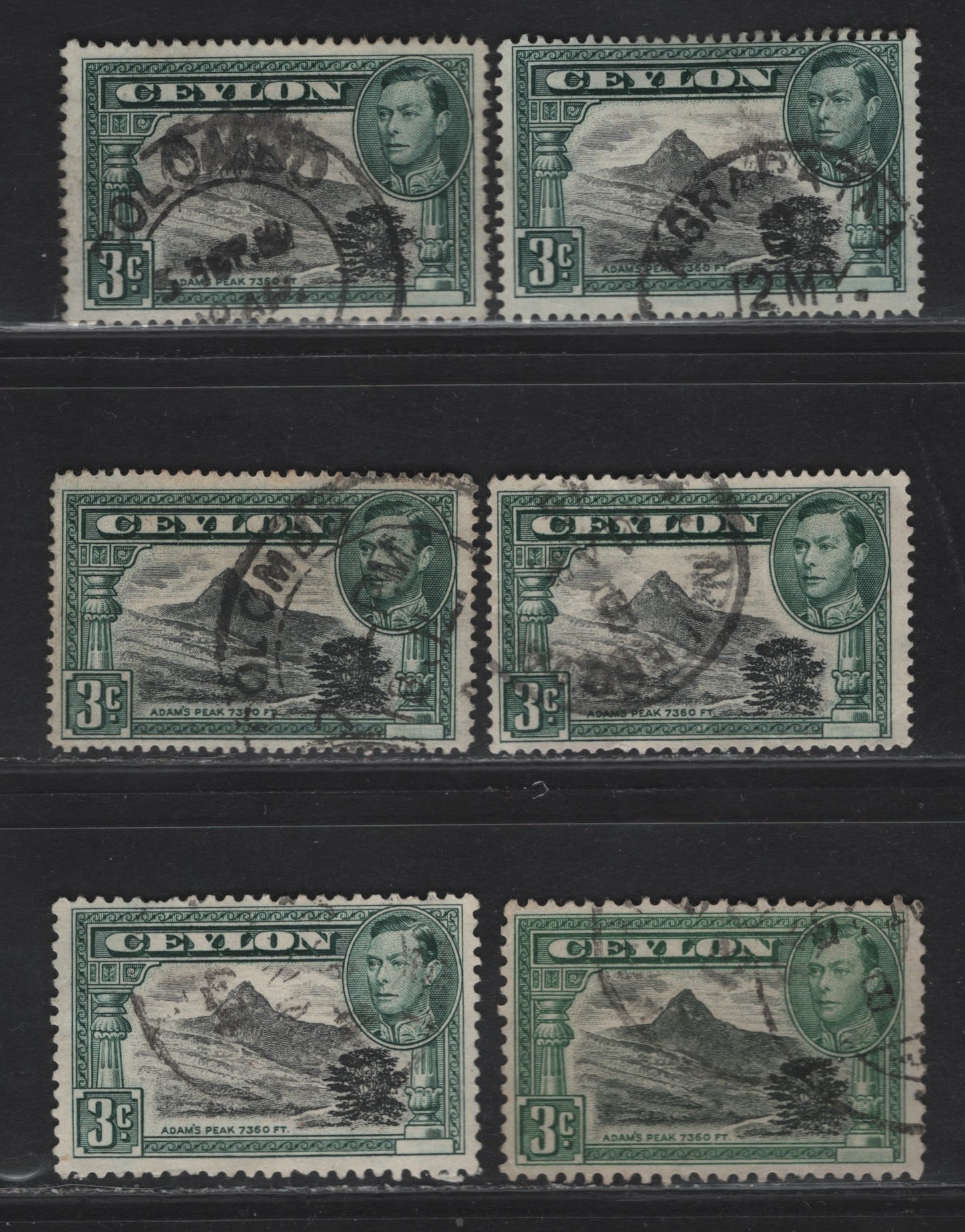 Lot 95 Ceylon SG#387-387e 3c Black & Deep Blue Green Adam's Peak, 1938-1941 KGVI Pictorial & Surcharged Issues, 6 Fine Used Singles, Full Set Of All Perfs Listed In Gibbons