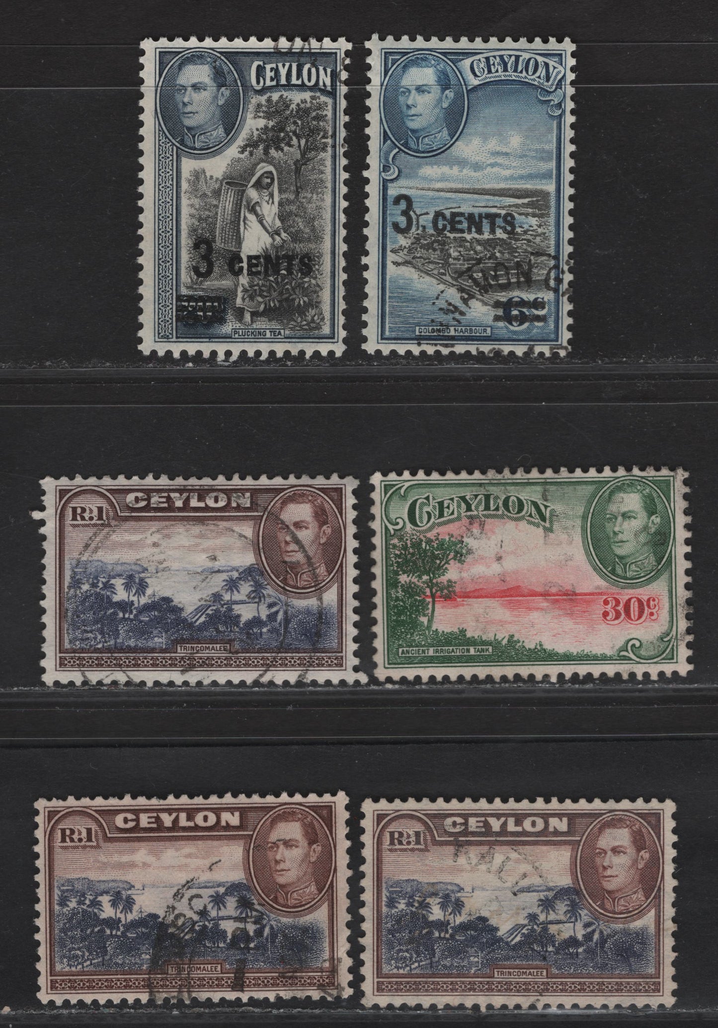 Lot 96 (C) Ceylon SG#393b, 398-399, 395-a 30c - 3c on 6c Scarlet & Green - Black & Gray Blue Ancient Irrigation Tank - Trincomalee, 1938-1941 KGVI Pictorial & Surcharged Issues, 6 Fine/Very Fine Used Singles, 30c Has Upright Wmk, 1R Sideways & Upright Wmk