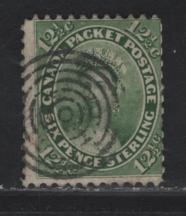 Lot 100 (C) Canada #18iii 12.5c Green Queen Victoria, 1859-1864 Cents Issue, A Very Good Used Single, Thick Cents-O Paper, Perf 12, Clipped Perfs A Right.