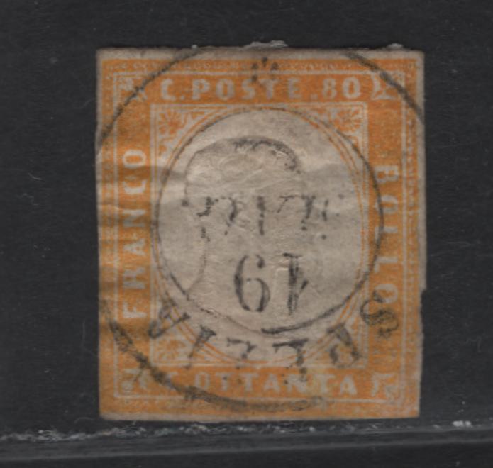 Lot 10 Sardinia SC#14 80c Orange Yellow Victor Emmanuel II, 1855-1863 Embossed Victor Emmanuel II Issue, A Good Used Imperf Single, Margins Just Touching In Lower Left & Right Corners, Internal Wrinkles That Can Be Soaked & Pressed Out