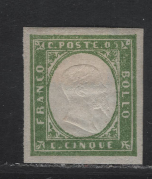 Lot 1 Sardinia SC#10a 5c Yellow Green Victor Emmanuel II, 1855-1863 Embossed Victor Emmanuel II Issue, A VFOG Imperf Single, Late Printing, Blurred Frameline
