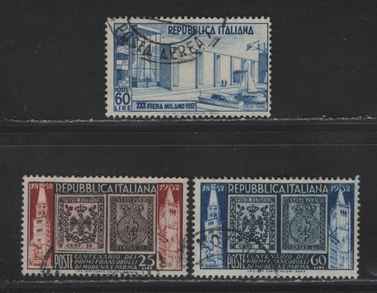 Lot 105 Italy SC#600, 602-603 60l Ultramarine - Black & Ultramarine Milan Fair Building - First Stamps & Cathedral Bell Towers, 1952 30th Milan Trade Fair - Centenary of 1st Stamps Of Modena & Parma Issues, 3 Fine/Very Fine Used Singles