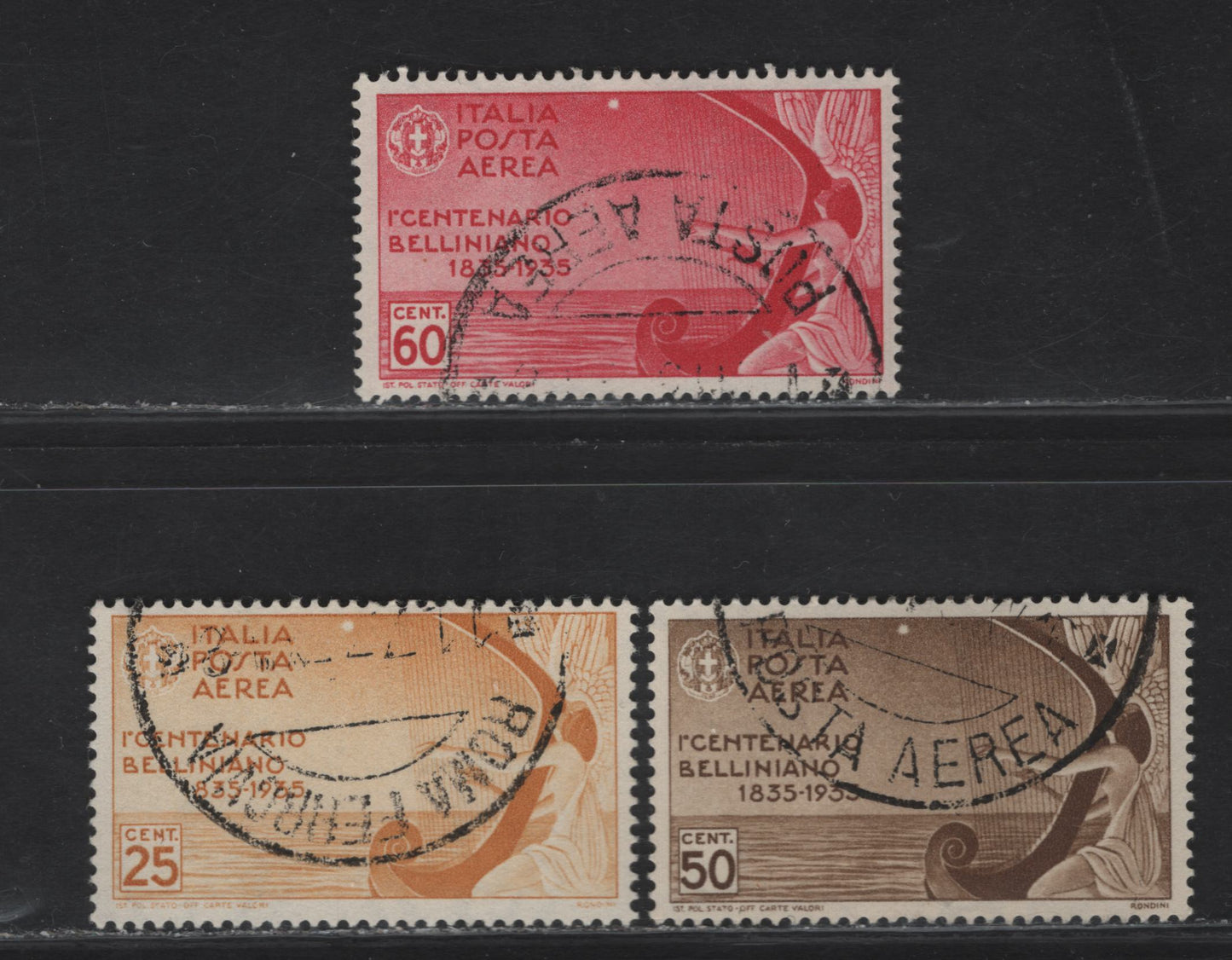 Lot 106 Italy SC#C79-C81 25c - 60c Dull Yellow - Rose Carmine Muse Playing Harp - Scene From Bellini Opera, 1935 Bellini Airmail Issue, 3 Fine/Very Fine Used Singles, Cancels Look Like CTO, So Valued As Mint
