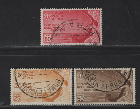 Lot 106 Italy SC#C79-C81 25c - 60c Dull Yellow - Rose Carmine Muse Playing Harp - Scene From Bellini Opera, 1935 Bellini Airmail Issue, 3 Fine/Very Fine Used Singles, Cancels Look Like CTO, So Valued As Mint