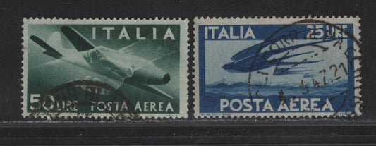 Lot 108 Italy SC#C111, C113 25l - 50l Blue - Dark Green Airplane, 1945-1947 Airmail Issue, 2 Fine Used Singles