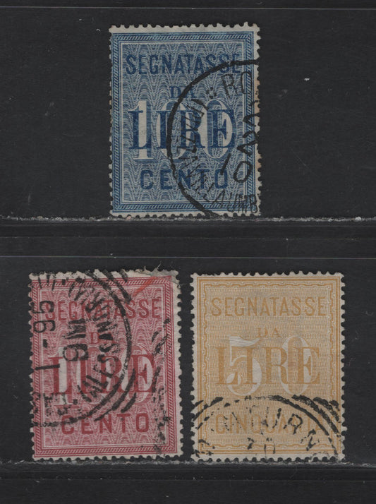 Lot 112 Italy SC#J22-J24 50l - 100l Yellow - Blue Numeral, 1884-1903 Postage Dues, 3 Good/Fine Used Singles, 100l Blue Has Several Pulled Perfs, 100l Claret Has A Corner Thin