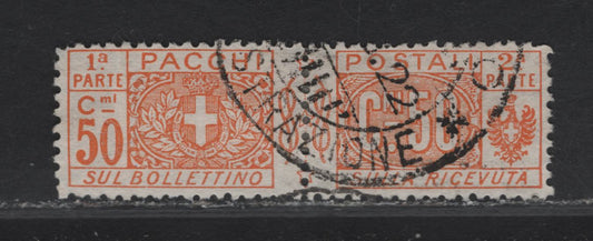 Lot 120 Italy SC#Q11 50c Orange Coat of Arms & Numeral, 1914-1922 Parcel Post Issue, A Very Fine Used Horizontal Pairs, Cancel Appears To Be Dated In 1922, Which Is Within Period
