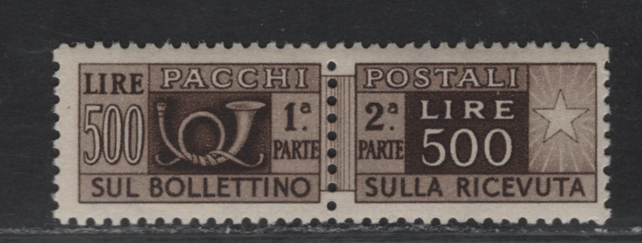 Lot 122 Italy SC#Q75 500l Brown Posthorn & Numeral, 1948 Parcel Post Issue, A VFOG Horizontal Pairs, Perf 13.25, Winged Wheel Wmk