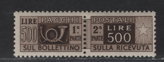 Lot 122 Italy SC#Q75 500l Brown Posthorn & Numeral, 1948 Parcel Post Issue, A VFOG Horizontal Pairs, Perf 13.25, Winged Wheel Wmk