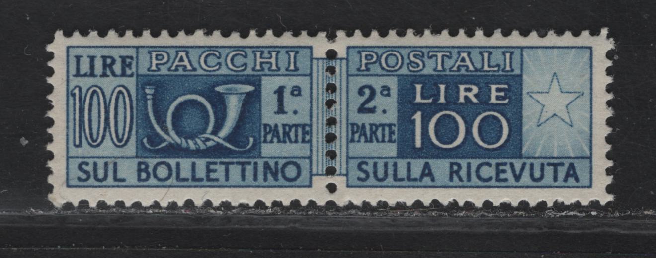 Lot 123 Italy SC#Q72 100l Sapphire Posthorn & Numeral, 1946-1954 Parcel Post Issue, A VFOG Horizontal Pairs, Perf 13.25x14, Winged Wheel Wmk