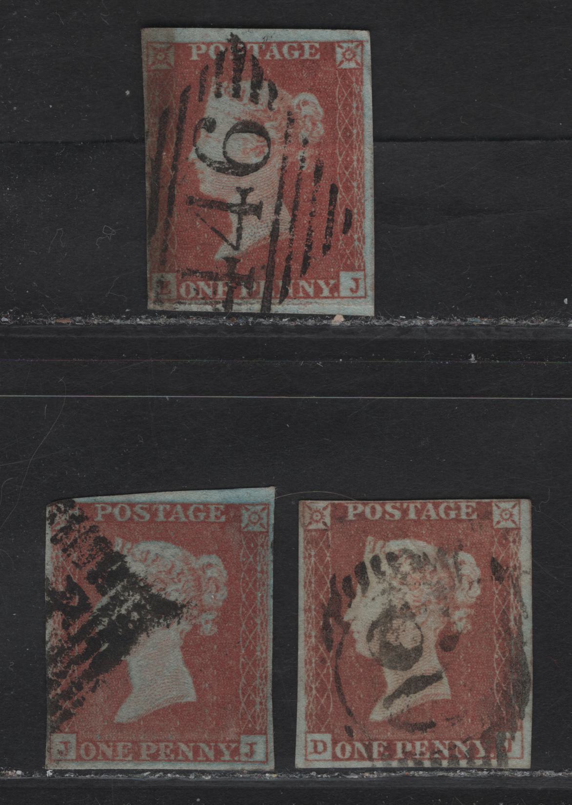 Lot 129 Great Britain SG#8 1d Red Brown Queen Victoria, 1841 Line Engraved Issue, 3 Fine Used Singles, Alphabet 1, J Letterings, 4 Clear But Close Margins, #446 Irish, #60 London District Office & Scottish Cancels.