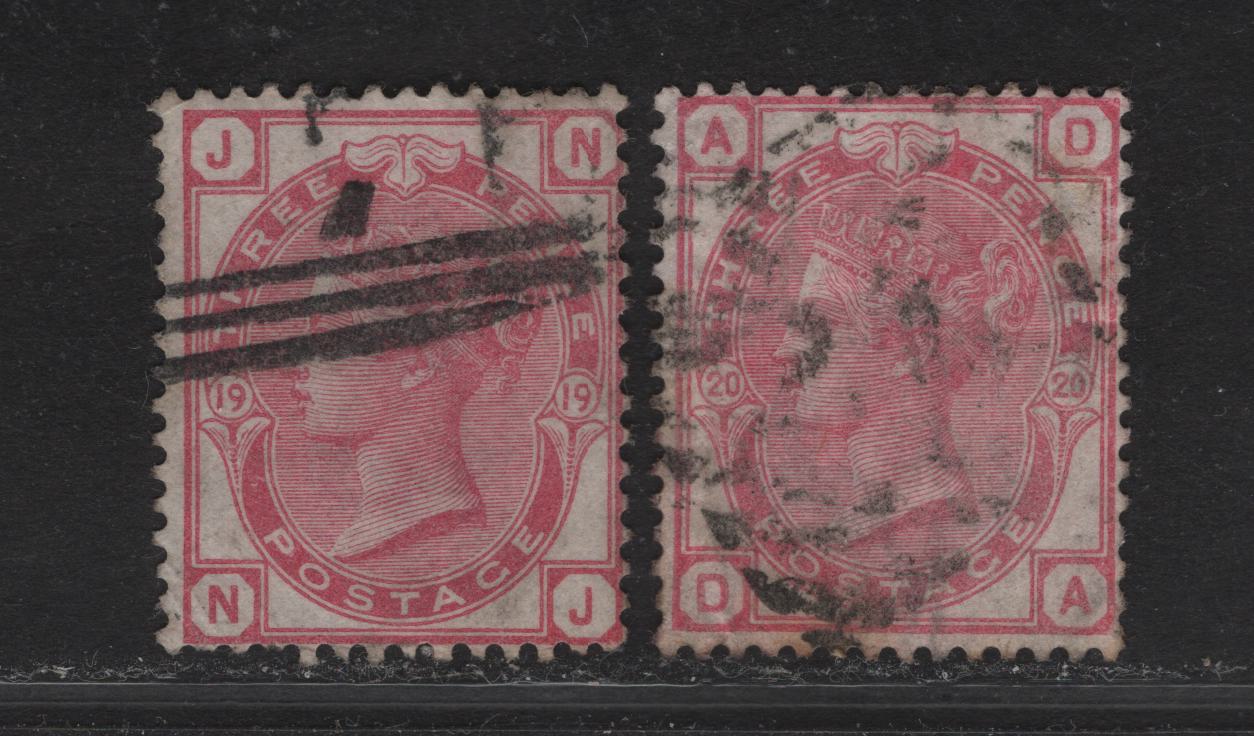 Lot 140 Great Britain SG#143 3d Rose Queen Victoria, 1873-1880 Surface Printed Issue, 2 Very Good Used Singles, Spray of Rose Wmk, Plates 19-20