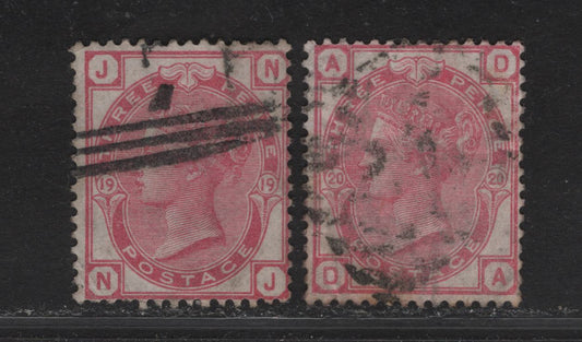 Lot 140 Great Britain SG#143 3d Rose Queen Victoria, 1873-1880 Surface Printed Issue, 2 Very Good Used Singles, Spray of Rose Wmk, Plates 19-20