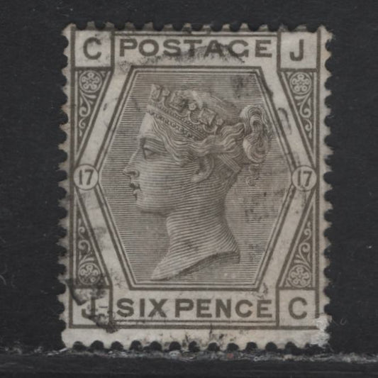 Lot 142 Great Britain SG#147 6d Gray Queen Victoria, 1873-1880 Surface Printed Issue, A Very Good Used Single, Plate 17, Large Colored Corner Letters, Spray of Rose Wmk.