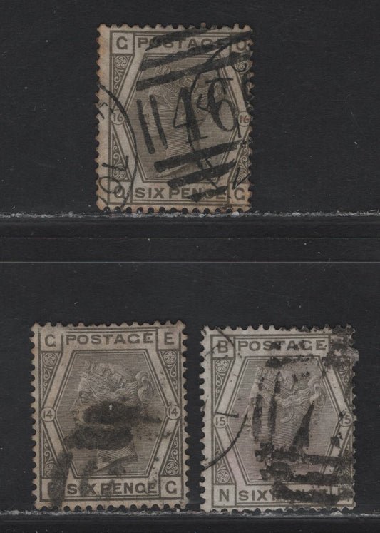 Great Britain SG#147 6d Gray Queen Victoria, 1873-1880 Surface Printed Issue, 3 Good/Very Good Used Singles, Plates 14-16, Large Colored Corner Letters, Plate 14 Has Some Surface Abrasions & Small Internal Crease.