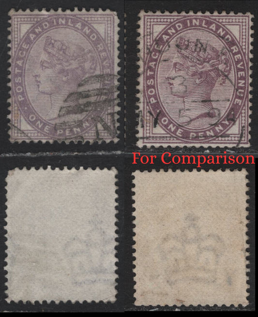 Lot 166 Great Britain SG#172a 1d Bluish Lilac Queen Victoria, 1881 Queen Victoria Issue, A Fine Used Single, Die 2, Early 1880's Printing With An Example Of The more Common Shade For Comparison