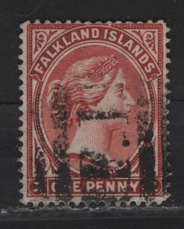 Lot 181A (C) Falkland Islands SG#21x 1d Claret Queen Victoria, 1891-1902 Queen Victoria Sidefaces Issue, A Very Good Used Single, Bradbury Wilkinson Printing, Light Diagonal Crease