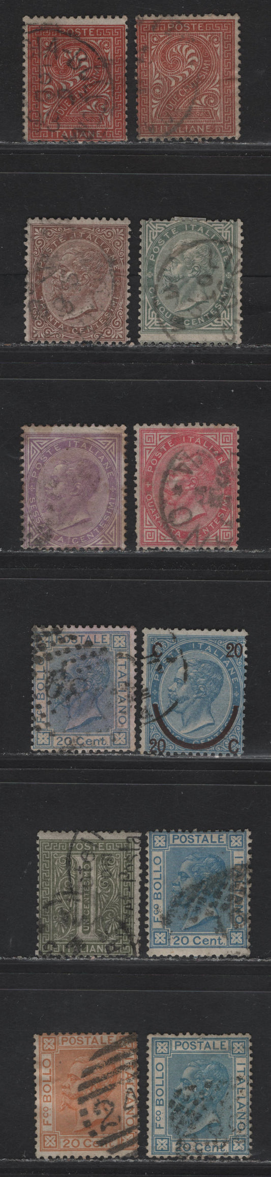 Lot 188 Italy SC#24-26, 30-32, 34 1c - 20c Gray Green - Orange Numeral - Victor Emmanuel II, 1863-1877 Victor Emmanuel II Keyplates Issue, 12 Very Good Used Singles