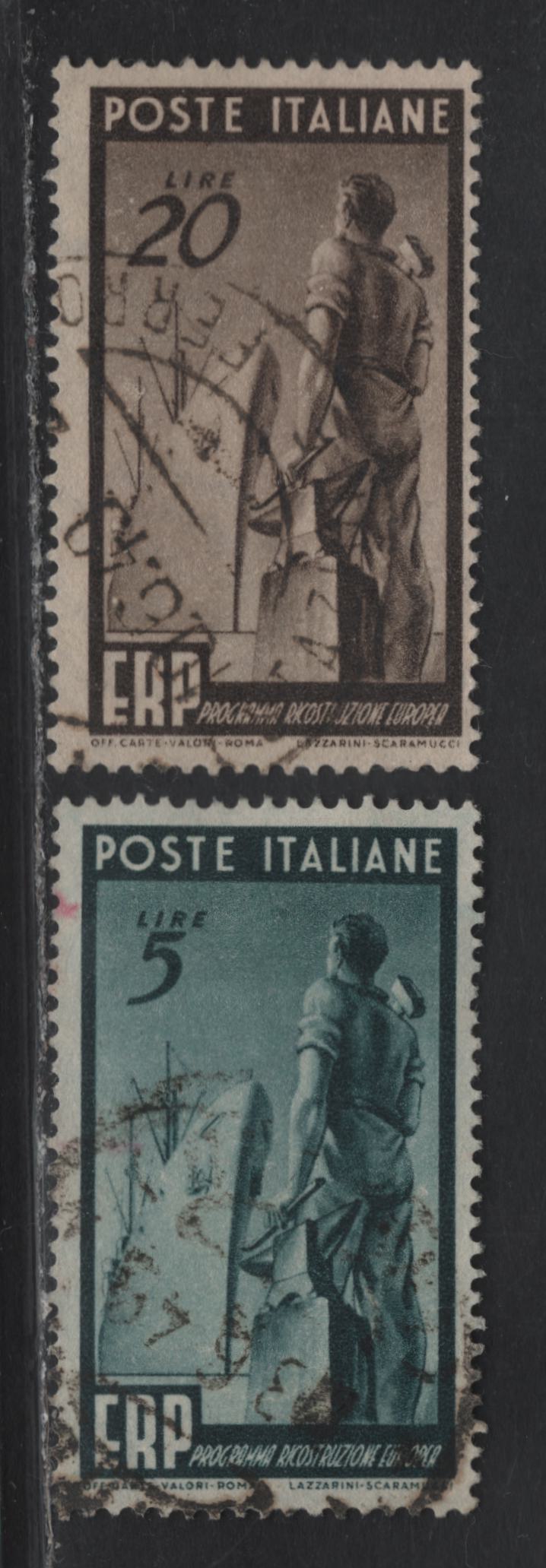 Lot 19 Italy SC#515, 517 5l - 20l Dark Green - Brown Workman & Ship, 1949 European Recovery Program Issue, 2 Fine Used Singles, Postally Used Examples With June 1949 CDS Cancels (Within A Month Of Issue)