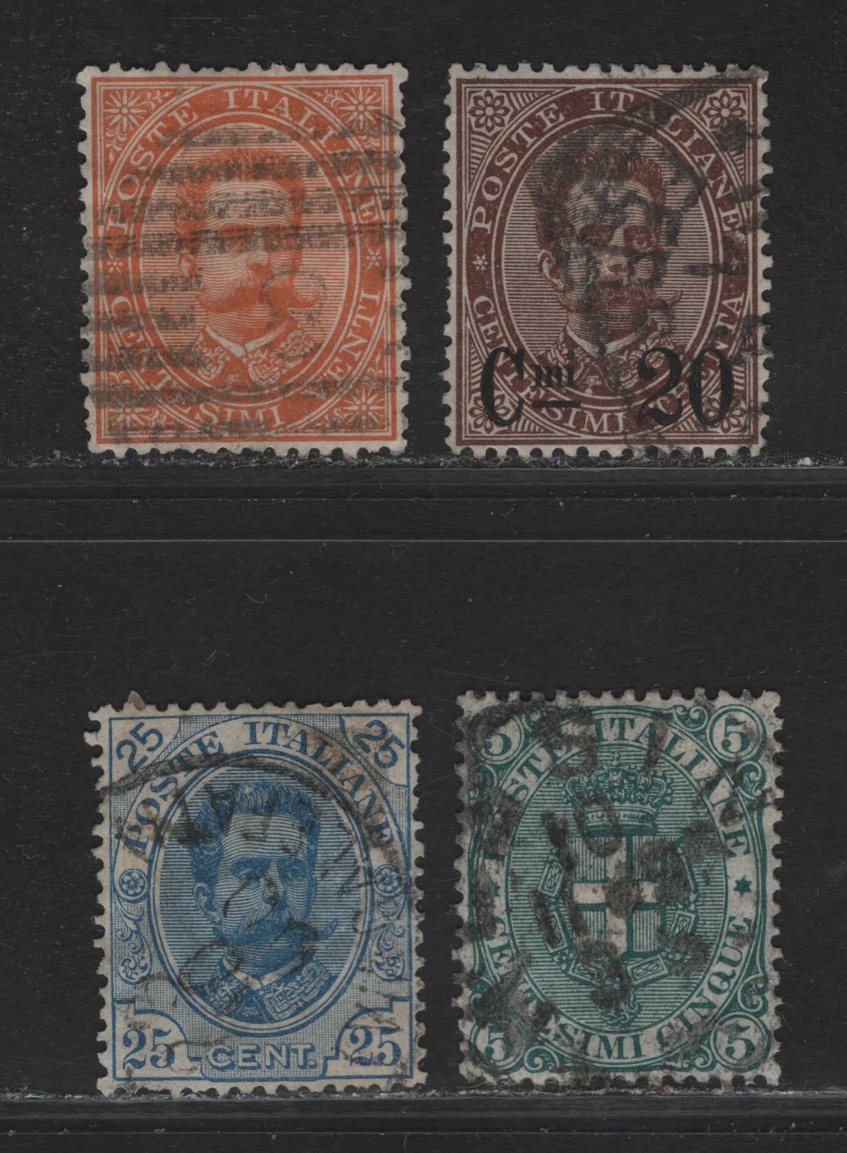 Lot 195 Italy SC#47, 67, 65, 70 20c - 25c Orange - Blue King Humbert I, 1879-1896 King Humbert I Keyplates & Surcharge Issues, 4 Very Fine Used Singles