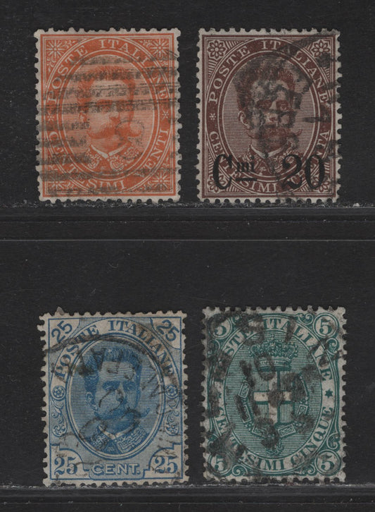 Lot 195 Italy SC#47, 67, 65, 70 20c - 25c Orange - Blue King Humbert I, 1879-1896 King Humbert I Keyplates & Surcharge Issues, 4 Very Fine Used Singles