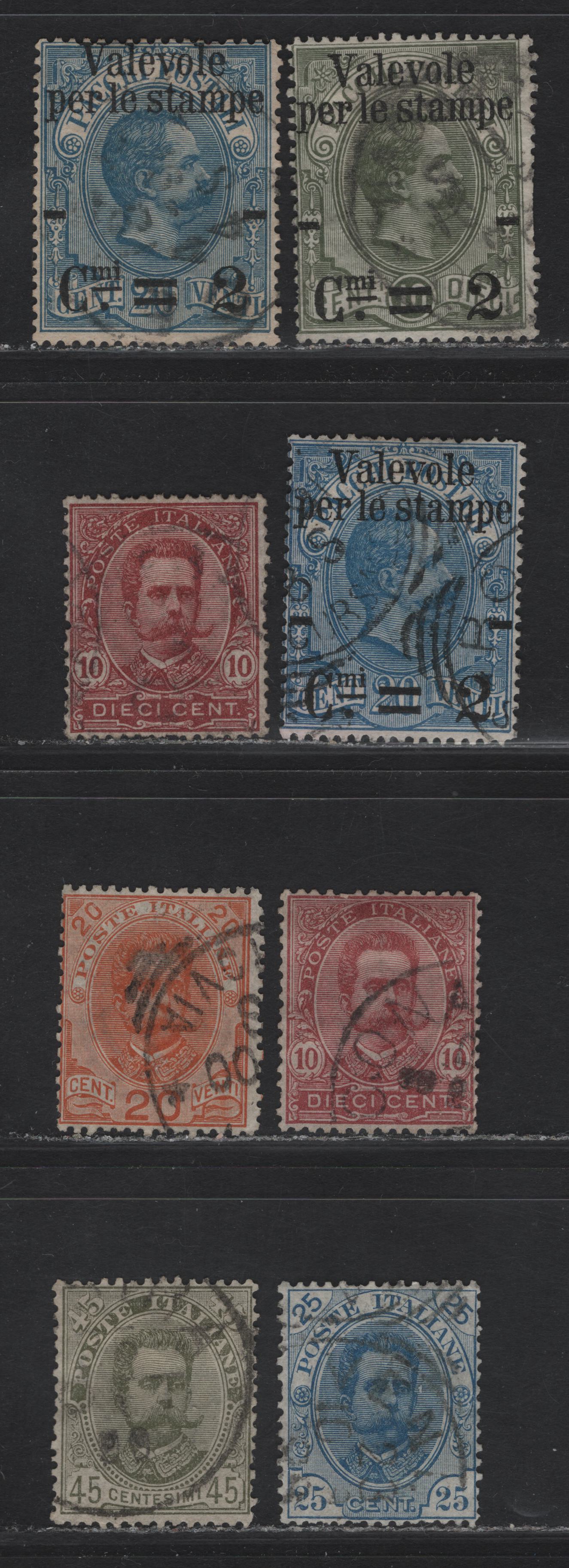 Lot 196 Italy SC#58-59, 68-71 2c on 10c - 45c Olive Green King Humbert I, 1890-1896 King Humbert I Keyplates & Surcharge Issues, 8 Fine Used Singles, Additional Shades