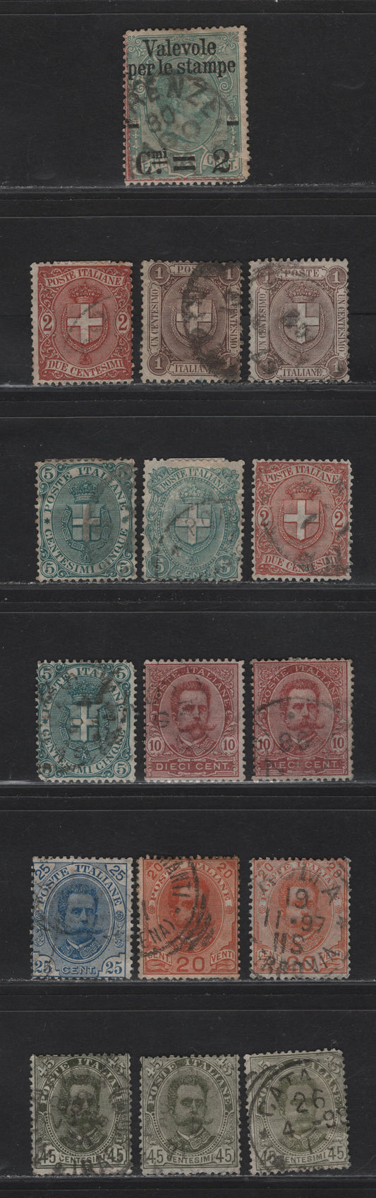 Lot 197 Italy SC#60-61, 73-74, 67-71 2c on 50c - 45c Claret - Olive Green King Humbert I, 1890-1896 King Humbert I Keyplates & Surcharge Issues, 16 Very Good Used Singles, Additional Shades