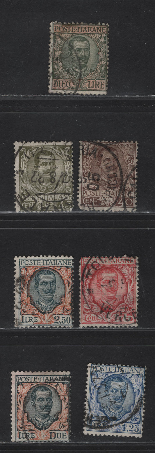 Lot 200 Italy SC#83-84, 86-90, 114 40c - 10l Brown - Gray Green & Red Victor Emmanuel III, 1901-1926 Victor Emmanuel III Keyplates, 8 Very Good Used Singles