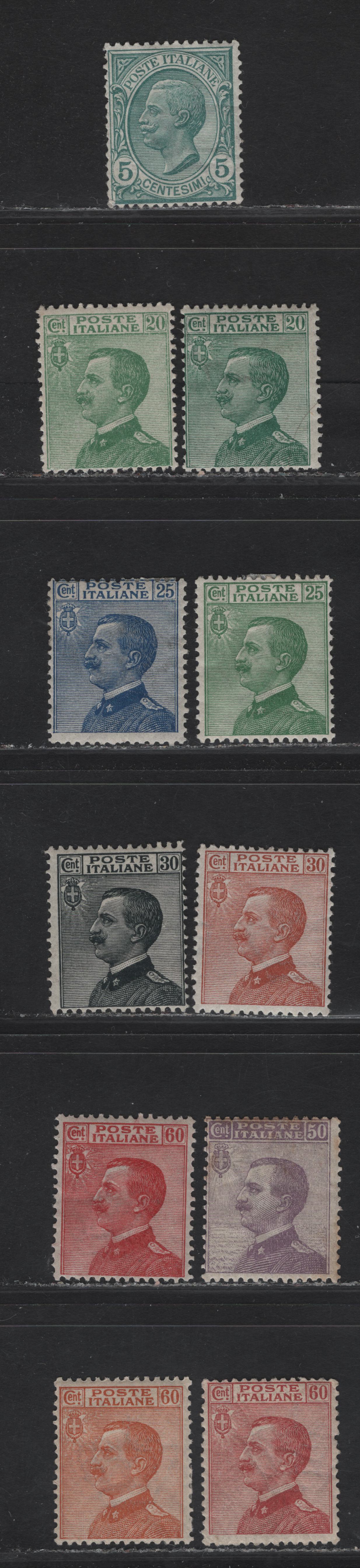 Lot 202 Italy SC#94, 98, 100-103, 105, 107, 109 5c - 60c Green - Brown Orange Victor Emmanuel III, 1908-1927 Victor Emmanuel III Sideface Issue, 9 FOG Singles