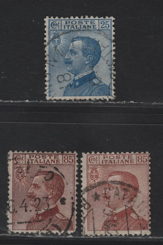 Lot 203 Italy SC#100, 110 25c - 85c Blue - Red Brown Victor Emmanuel III, 1908-1927 Victor Emmanuel III Sideface Issue, 3 Fine Used Singles, 2 Shades Of Red Brown