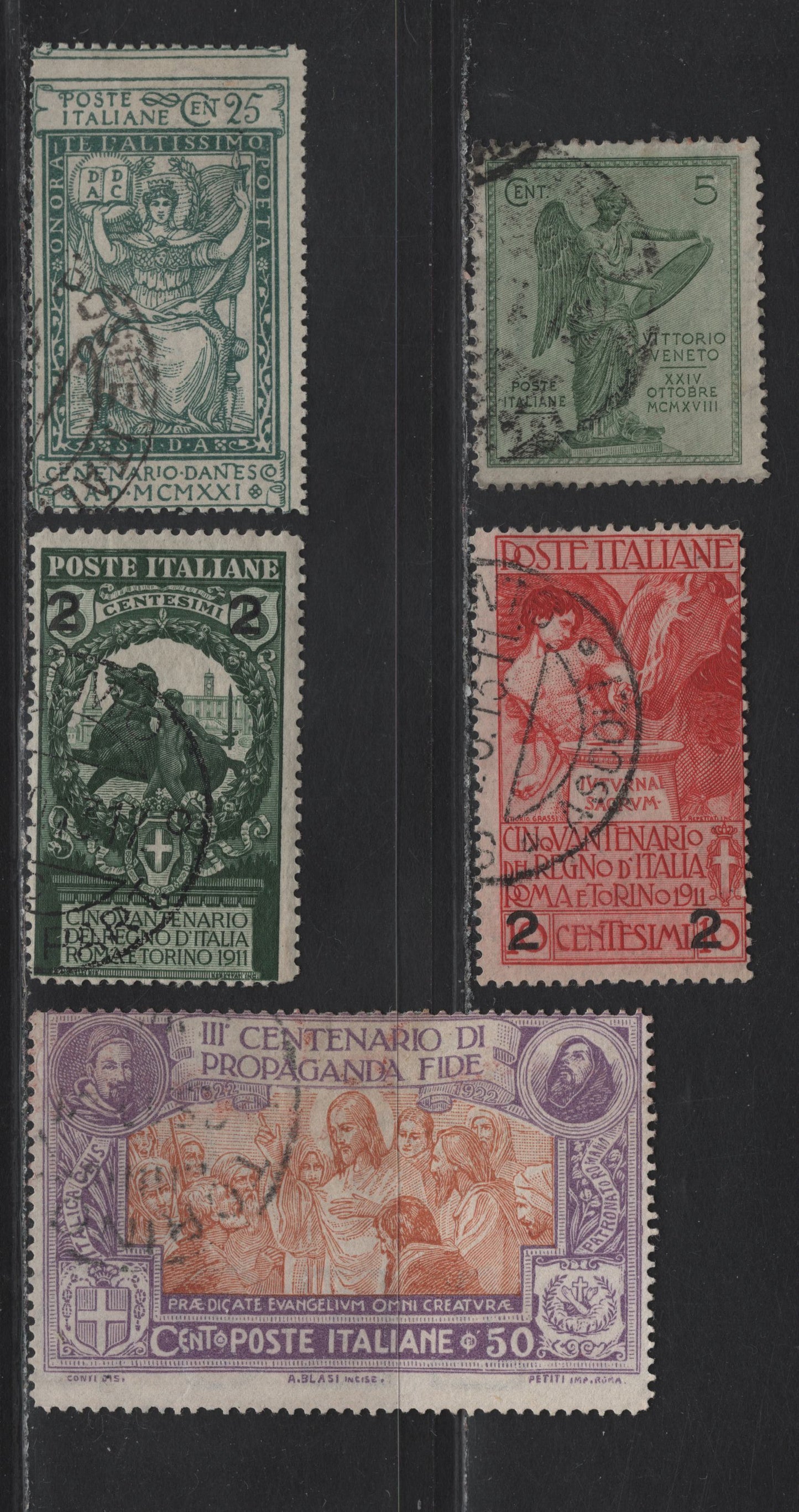 Lot 204 Italy SC#126a, 127, 134-136 2c on 5c - 50c Deep Green - Violet & Brown Orange Symbol of Valor - St Francis, 1913-1923 Surcharges - Propagation of the Faith Issue, 5 Fine Used Singles, 126a Is CTO, Same As 134 & 145, So Valued As Mint