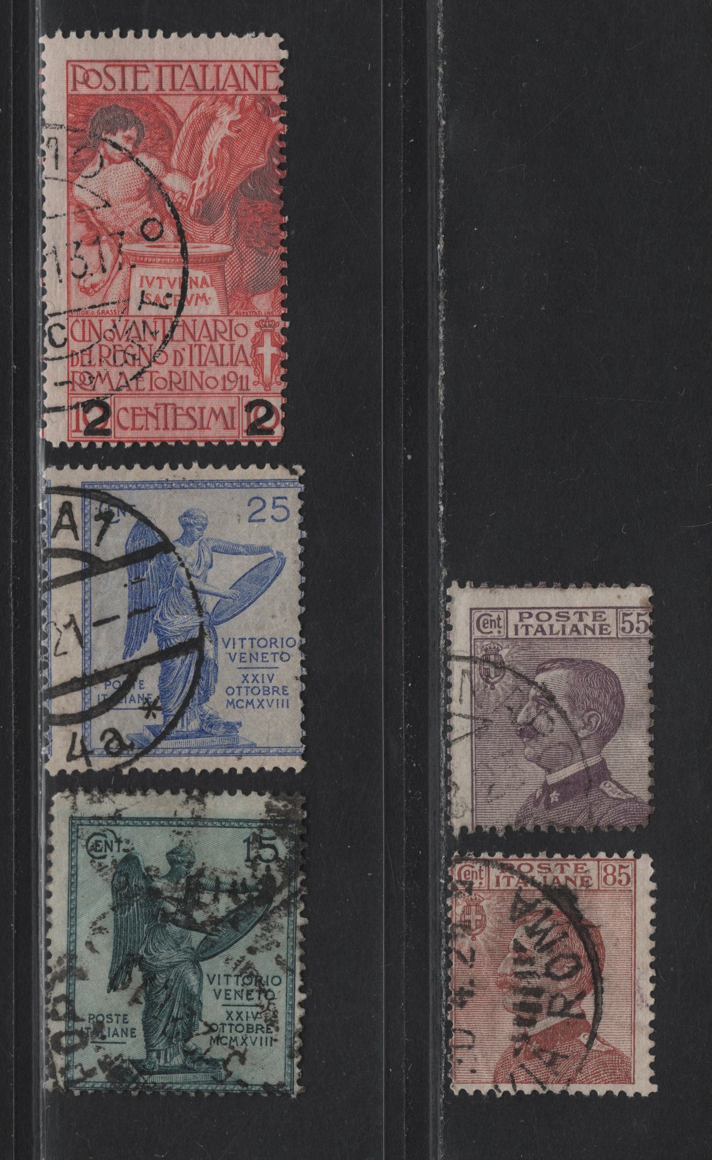 Lot 205 Italy SC#106, 110, 127, 138a, 139 55c - 25c Dull Violet - Ultramarine Victor Emmanuel III - 'Victory', 1908-1927 Victor Emmanuel III - 3rd Anniv of Victory on the Plane, 5 Very Good Used Singles,  .