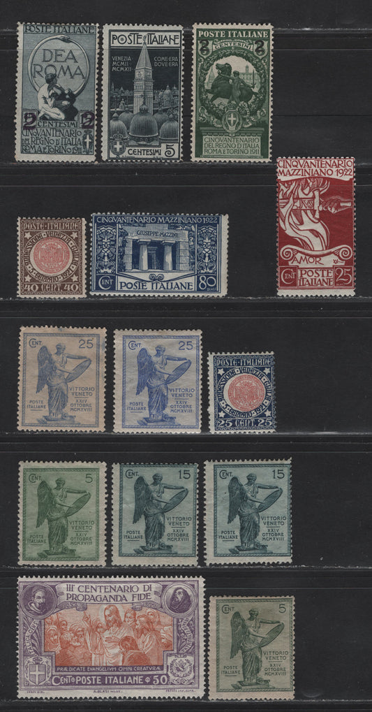 Lot 206 Italy SC#124, 126, 128, 136a, 138-a, 139, 131-132, 142, 140, 145 5c - 50c Indigo - Violet Brown & Orange Campanile - St Francis, 1912-1913 Re-Erection of the Campanile - Propagation of the Faith Issues, 14 FOG Singles, 2 Shades Of #139