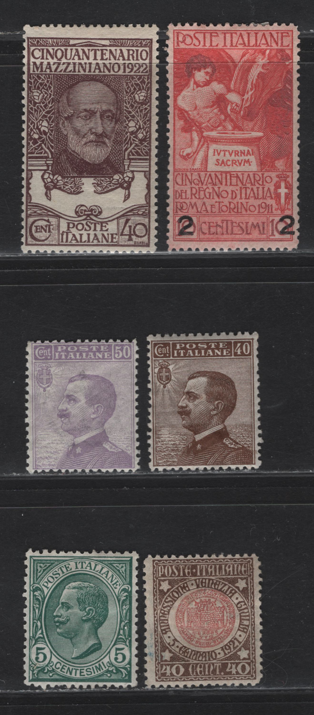 Lot 207 Italy SC#94, 104-105, 127, 132, 141 5c - 40c Green - Violet Brown Victor Emmanuel III - Mazzini, 1906-1922 Victor Emmanuel III - Mazzini Issues, 6 VFOG Singles