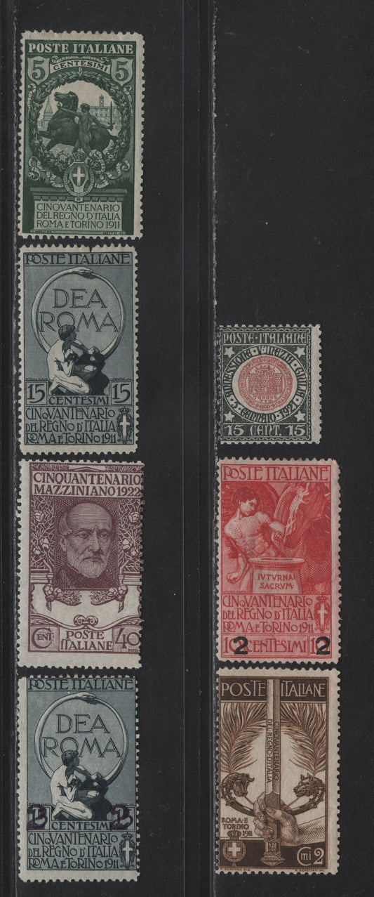 Lot 208 Italy SC#120a, 122, 119c, 127-128, 130, 141 5c - 40c Deep Green - Violet Brown Symbols of Rome & Turin - Mazzini, 1911-1922 50th Anniv of Stae Union - Mazzini Issues, 7 VGOG Singles, #120a Has A Small Thin