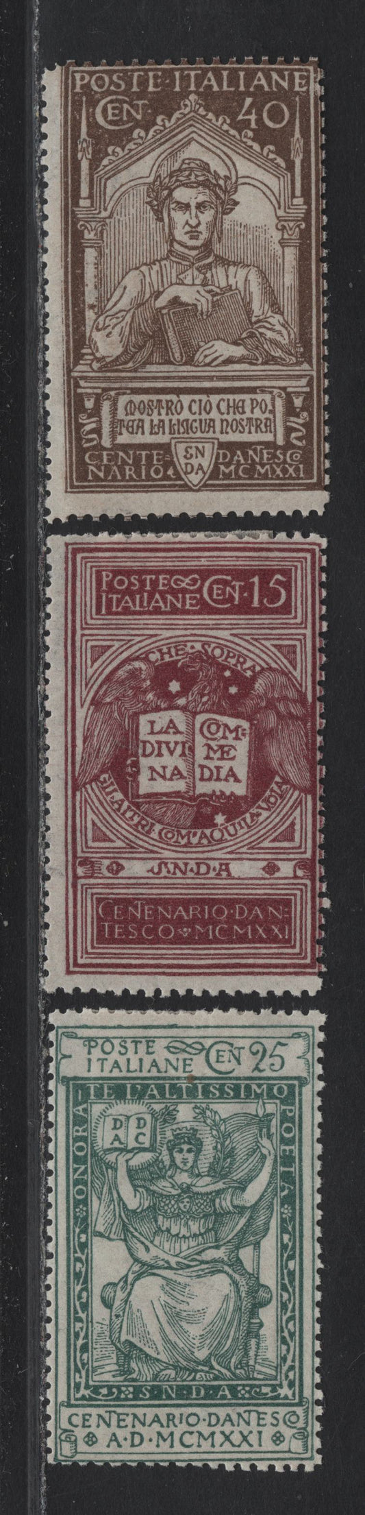Lot 209 Italy SC#133-135 15c - 40c Violet Brown - Brown Allegory of Dante's Divine Comedy - Dante Alighieri, 1921 Death of Dante Issue, 3 FOG Singles