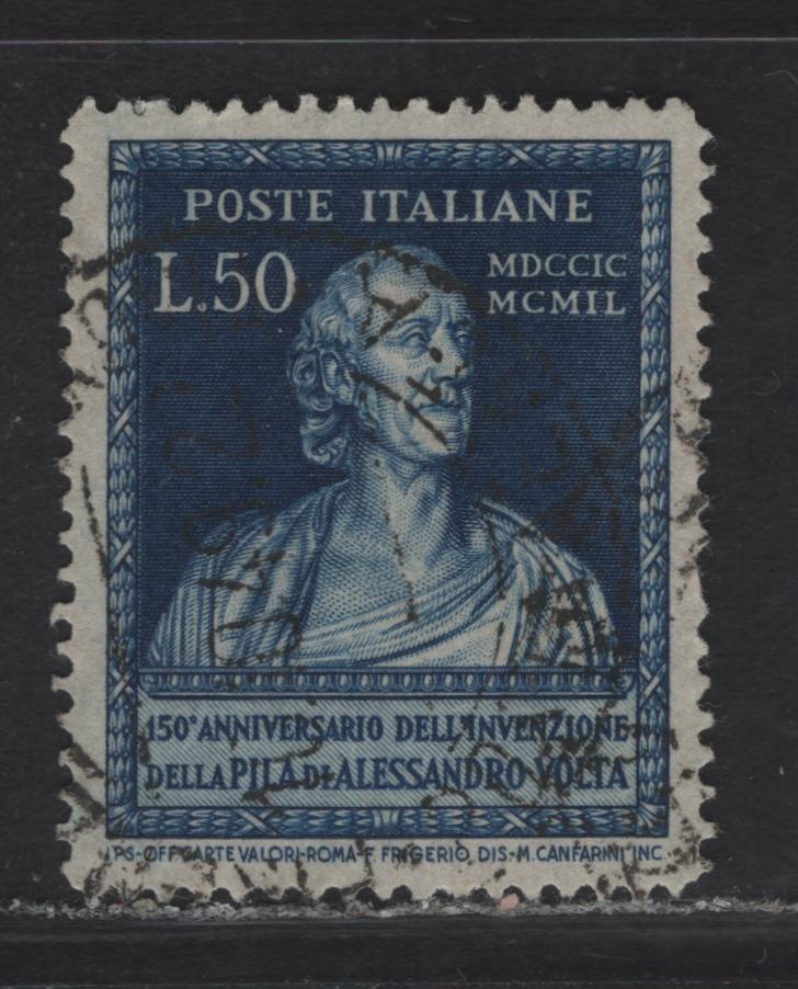 Lot 21 Italy SC#527 50l Deep Blue Allesandro Volta, 1949 Invention of the Voltaic Pile Issue, A Very Fine Used Single, Perf 14