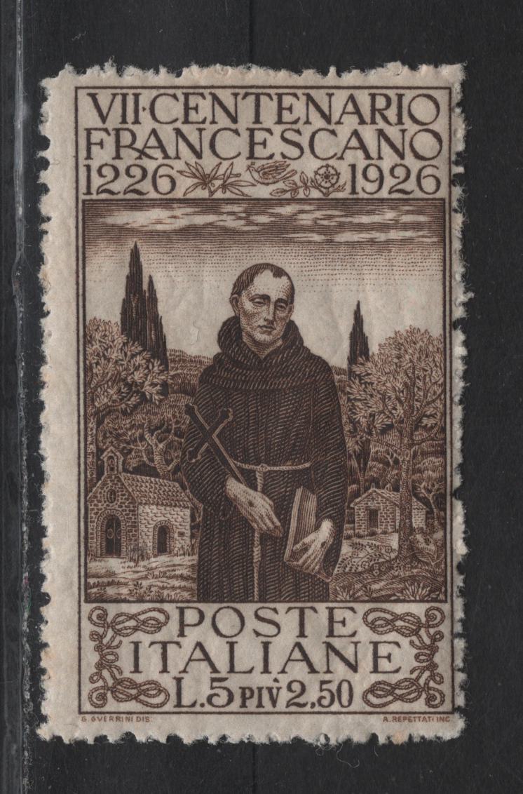 Lot 212 Italy SC#183 5l + 2.5l Dark Brown St Francis, 1926 St Francis of Assissi Issue, A FNH Single