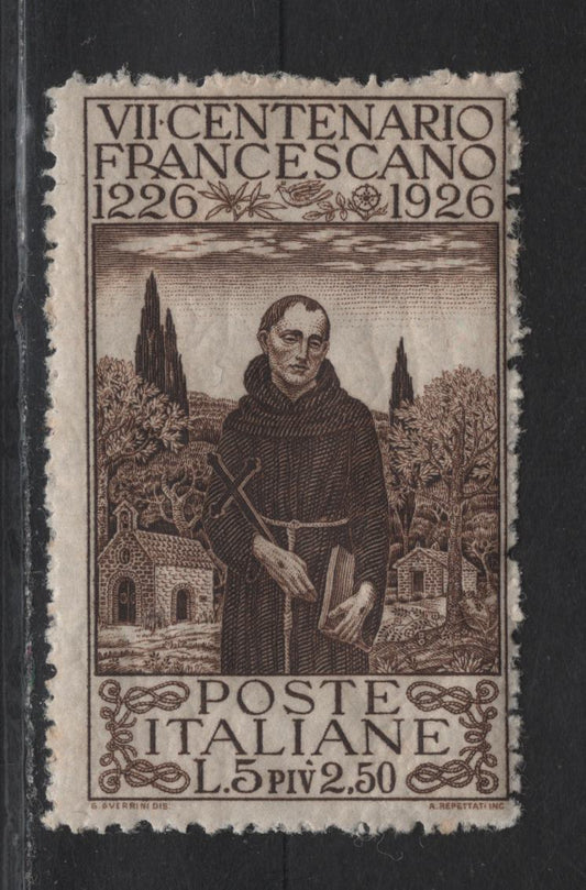 Lot 212 Italy SC#183 5l + 2.5l Dark Brown St Francis, 1926 St Francis of Assissi Issue, A FNH Single