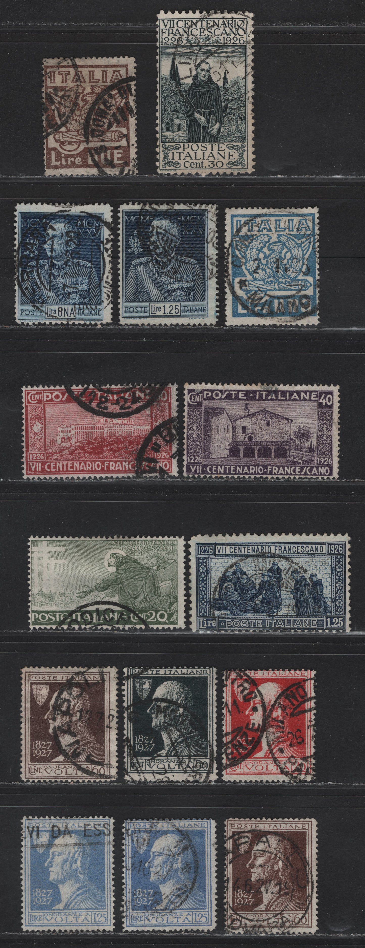 Lot 215 Italy SC#162-163, 176a, 177-180, 182, 188-191 1l - 1.25l Blue - Ultramarine Wreath of Victory - Alessandro Volta, 1923-1927 March on Rome - Alessandro Volta Issues, 15 Very Good/Fine Used Singles, Some Shade Variations, #162 Has A Corner Crease