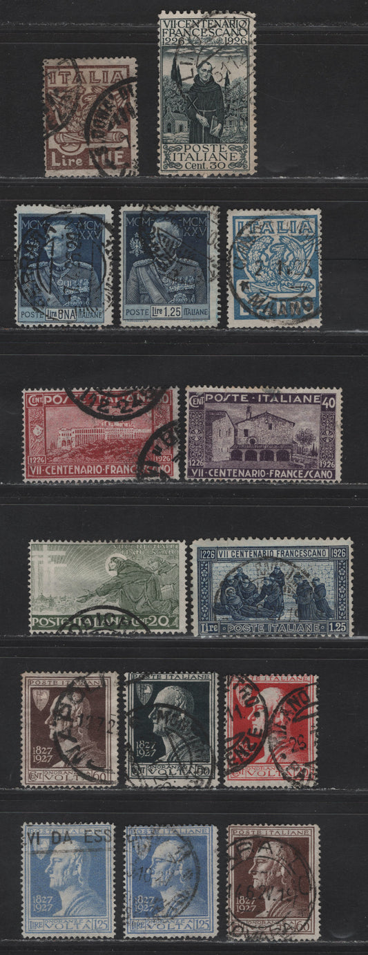 Lot 215 Italy SC#162-163, 176a, 177-180, 182, 188-191 1l - 1.25l Blue - Ultramarine Wreath of Victory - Alessandro Volta, 1923-1927 March on Rome - Alessandro Volta Issues, 15 Very Good/Fine Used Singles, Some Shade Variations, #162 Has A Corner Crease
