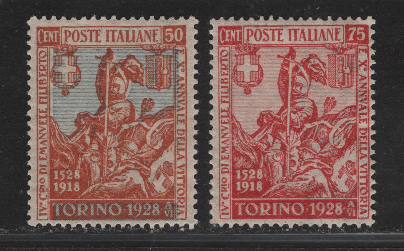 Lot 217 Italy SC#204-205 50c - 75c Orange Brown & Blue - Deep Red Philibert & italian Soldier of 1918, 1928 Philibert Issue, 2 VFNH Singles
