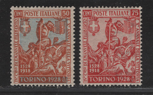 Lot 217 Italy SC#204-205 50c - 75c Orange Brown & Blue - Deep Red Philibert & italian Soldier of 1918, 1928 Philibert Issue, 2 VFNH Singles