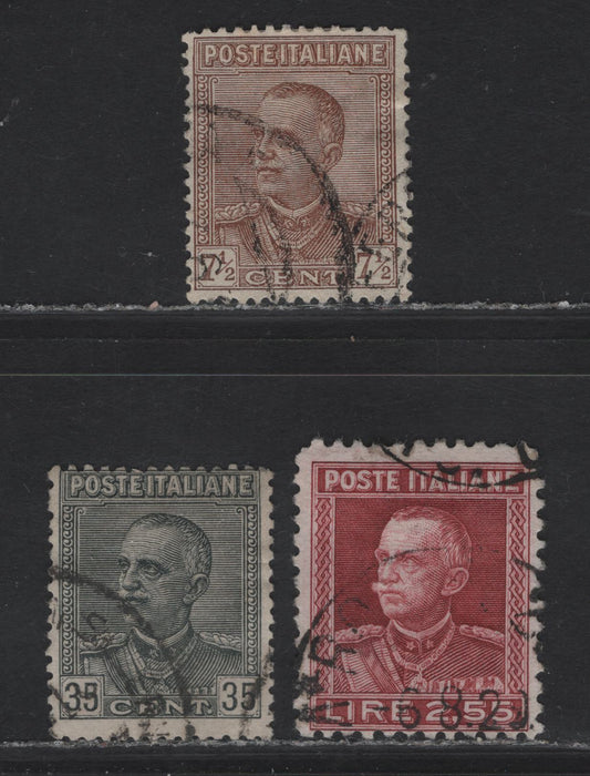 Lot 218 Italy SC#195, 197, 199 25c - 35c Brown Carmine - Gray Black Victor Emmanuel III, 1927-1929 Victor Emmanuel III Issue, 3 Fine Used Singles, Key Values Used